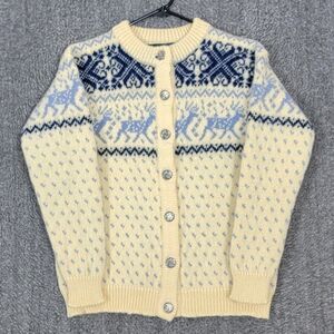 Vintage Dale Norway Sweater Womens S Beige Blue Fair Isle Reindeer Wool Cardigan